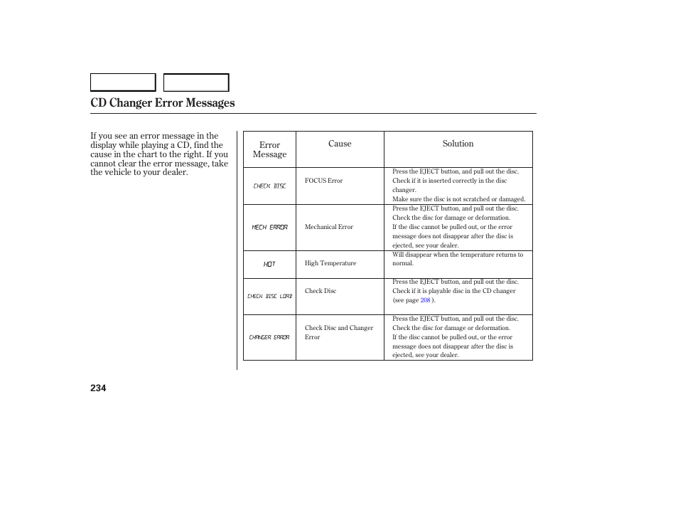 Cd changer error messages | Acura 2007 RDX - Owner's Manual User Manual | Page 238 / 442