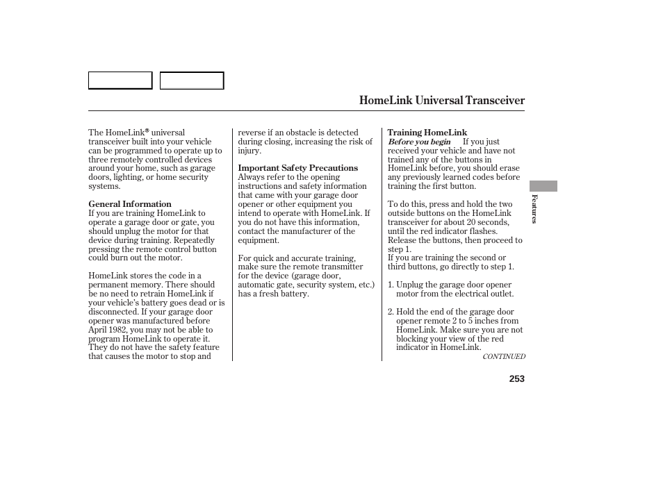 Homelink universal transceiver | Acura 2007 RDX - Owner's Manual User Manual | Page 257 / 442