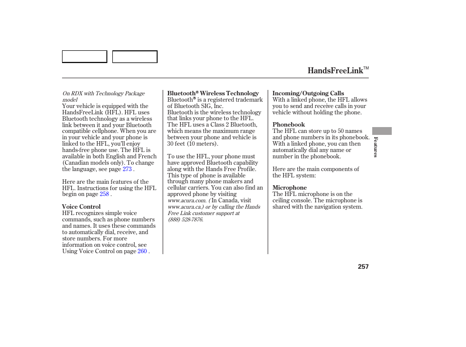 Handsfreelink | Acura 2007 RDX - Owner's Manual User Manual | Page 261 / 442