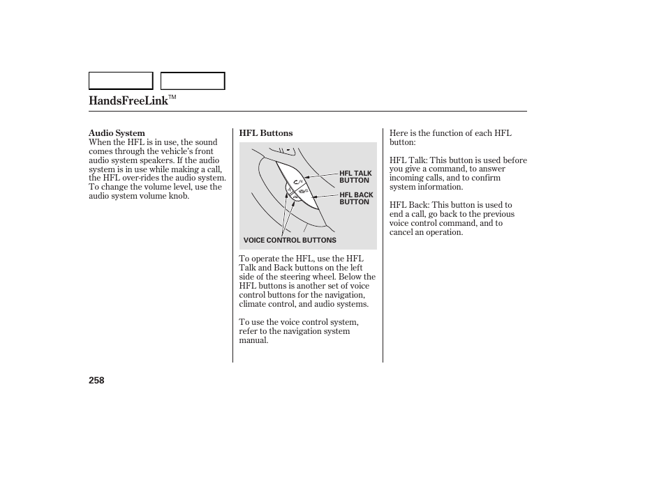 Handsfreelink | Acura 2007 RDX - Owner's Manual User Manual | Page 262 / 442