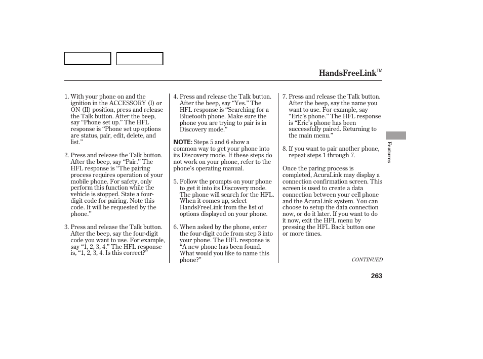 Handsfreelink | Acura 2007 RDX - Owner's Manual User Manual | Page 267 / 442