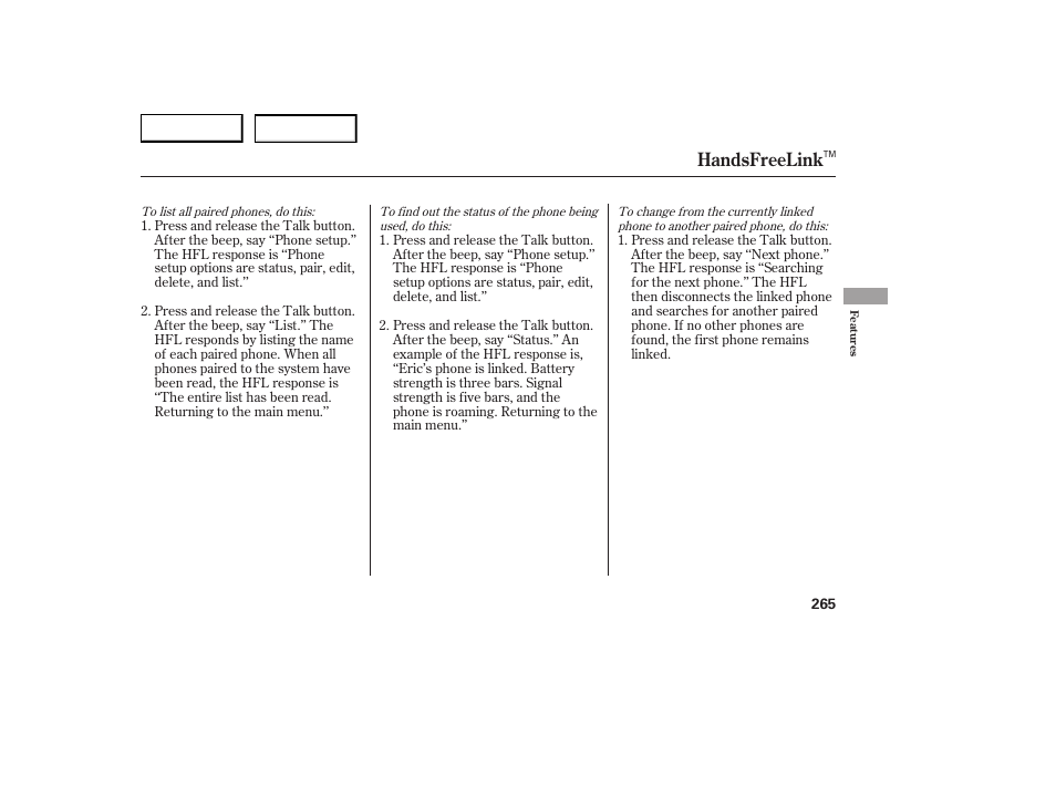 Handsfreelink | Acura 2007 RDX - Owner's Manual User Manual | Page 269 / 442