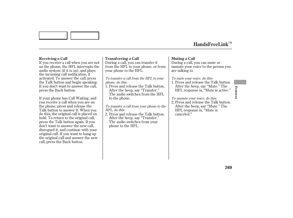 Handsfreelink | Acura 2007 RDX - Owner's Manual User Manual | Page 273 / 442