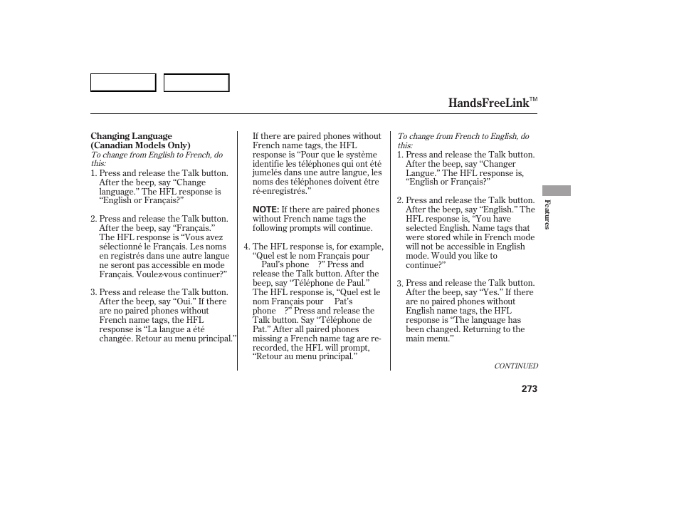 Handsfreelink | Acura 2007 RDX - Owner's Manual User Manual | Page 277 / 442