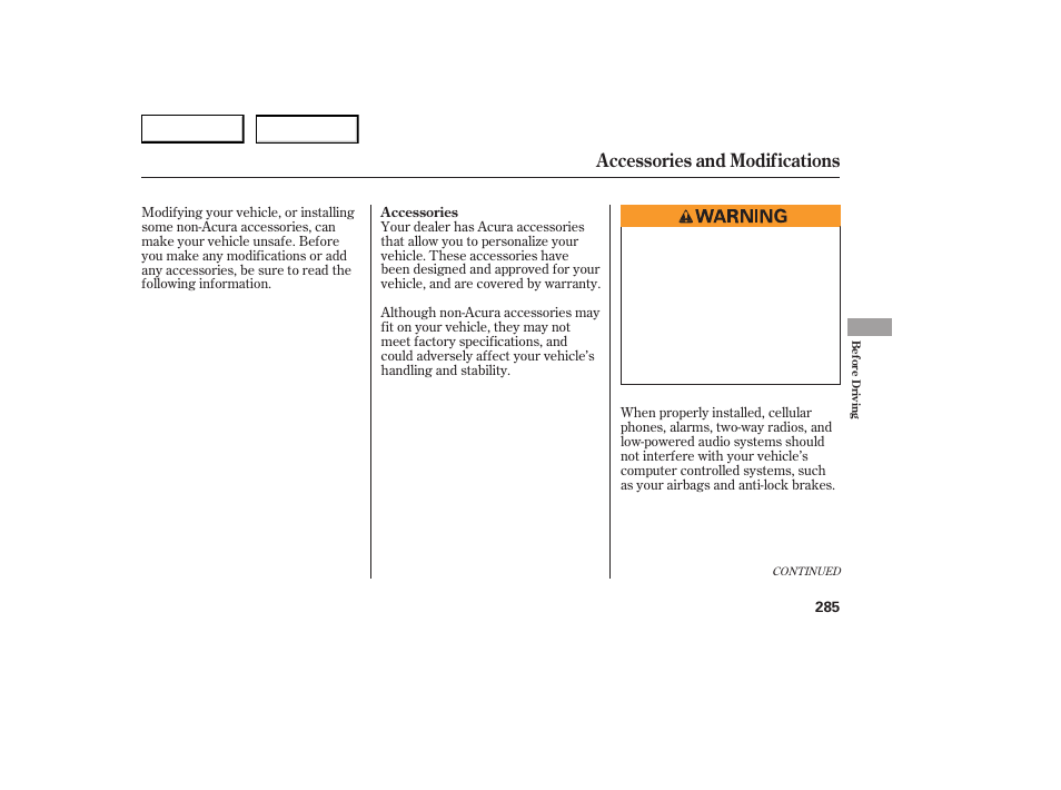 Accessories and modifications | Acura 2007 RDX - Owner's Manual User Manual | Page 289 / 442