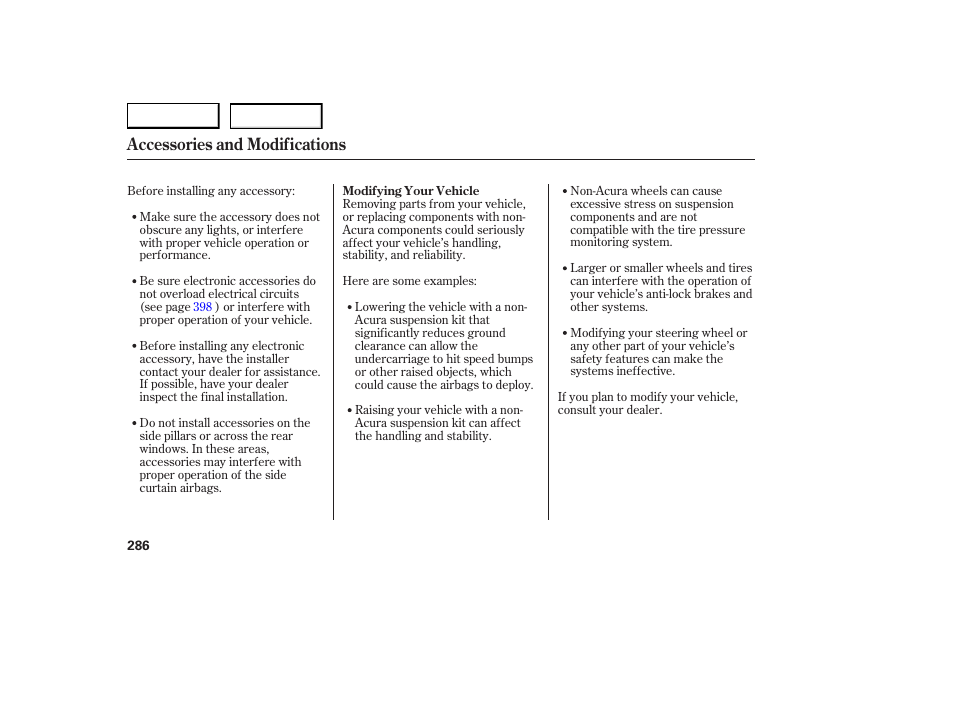 Accessories and modifications | Acura 2007 RDX - Owner's Manual User Manual | Page 290 / 442