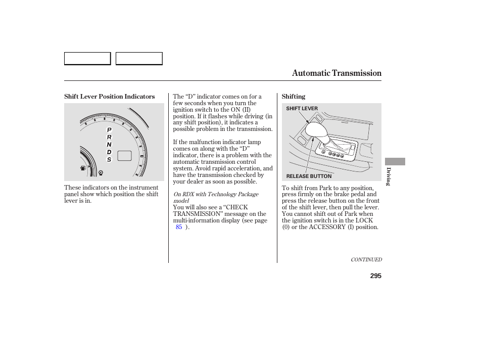 Automatic transmission | Acura 2007 RDX - Owner's Manual User Manual | Page 299 / 442