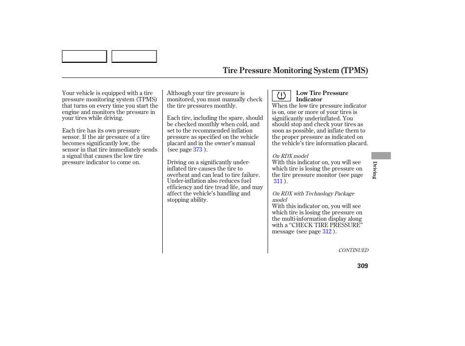 Tire pressure monitoring system (tpms) | Acura 2007 RDX - Owner's Manual User Manual | Page 313 / 442