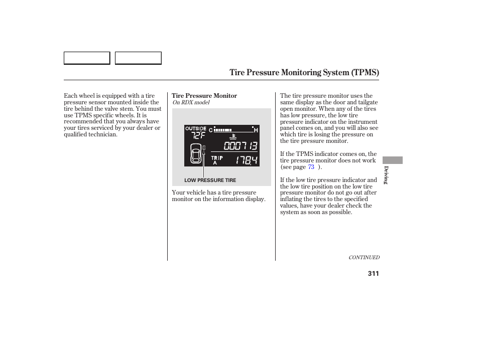 Tire pressure monitoring system (tpms) | Acura 2007 RDX - Owner's Manual User Manual | Page 315 / 442