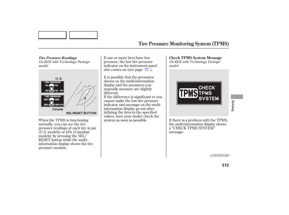Tire pressure monitoring system (tpms) | Acura 2007 RDX - Owner's Manual User Manual | Page 317 / 442