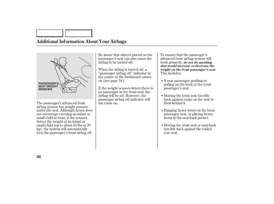 Additional information about your airbags | Acura 2007 RDX - Owner's Manual User Manual | Page 34 / 442