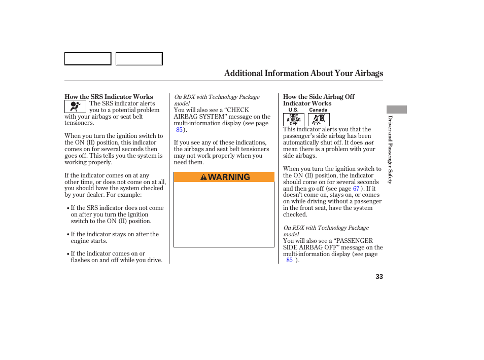 Additional information about your airbags | Acura 2007 RDX - Owner's Manual User Manual | Page 37 / 442