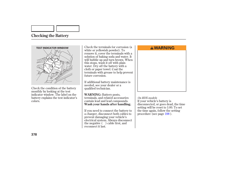 Checking the battery | Acura 2007 RDX - Owner's Manual User Manual | Page 382 / 442
