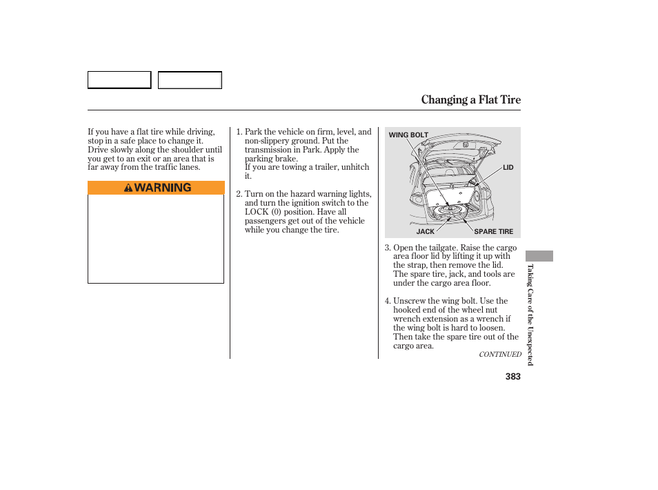 Changing a flat tire | Acura 2007 RDX - Owner's Manual User Manual | Page 387 / 442