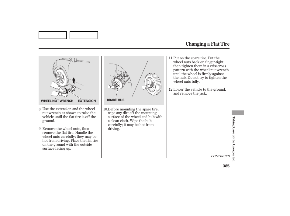 Changing a flat tire | Acura 2007 RDX - Owner's Manual User Manual | Page 389 / 442