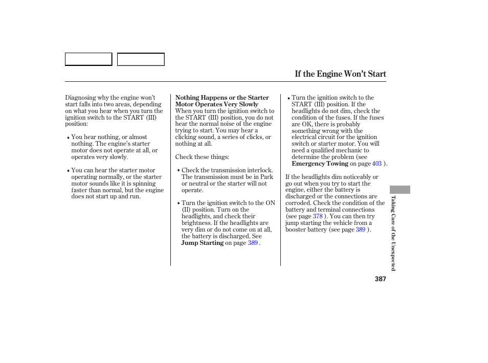 If the engine won’t start | Acura 2007 RDX - Owner's Manual User Manual | Page 391 / 442