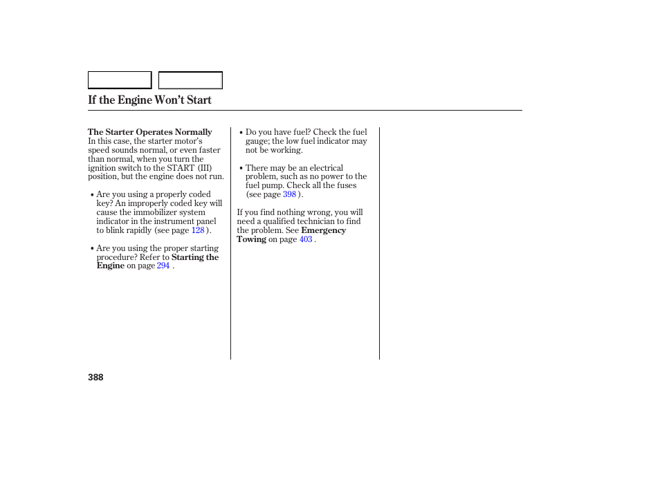 If the engine won’t start | Acura 2007 RDX - Owner's Manual User Manual | Page 392 / 442