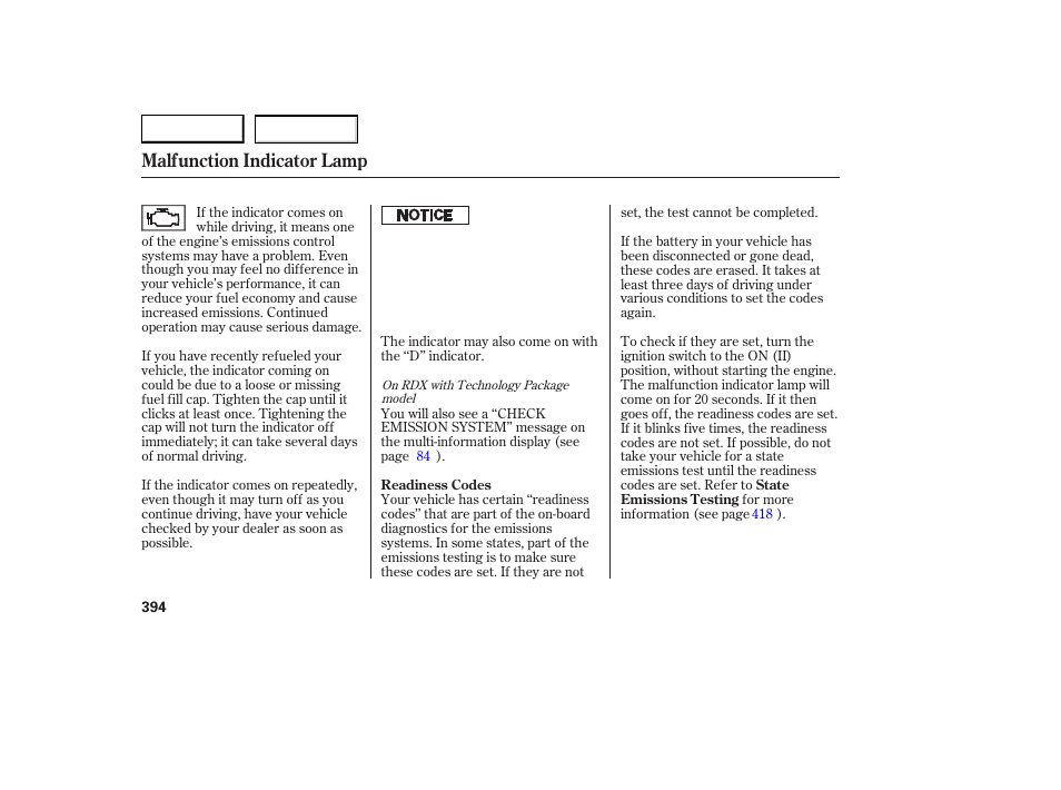 Malfunction indicator lamp | Acura 2007 RDX - Owner's Manual User Manual | Page 398 / 442
