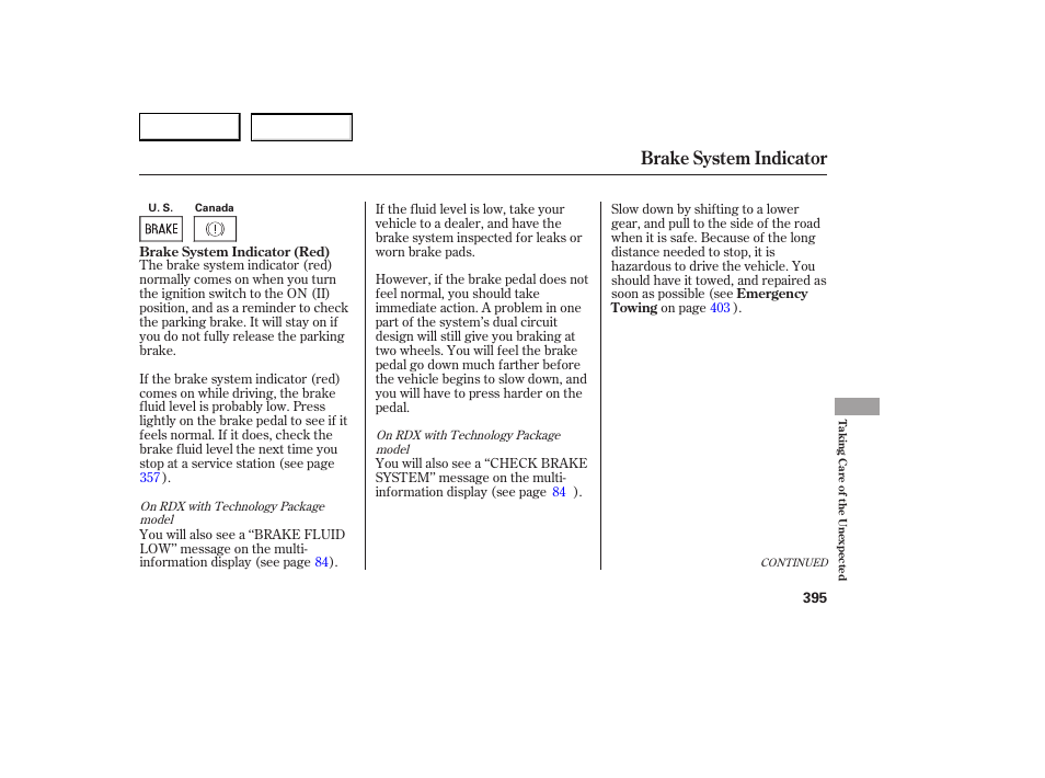 Brake system indicator | Acura 2007 RDX - Owner's Manual User Manual | Page 399 / 442