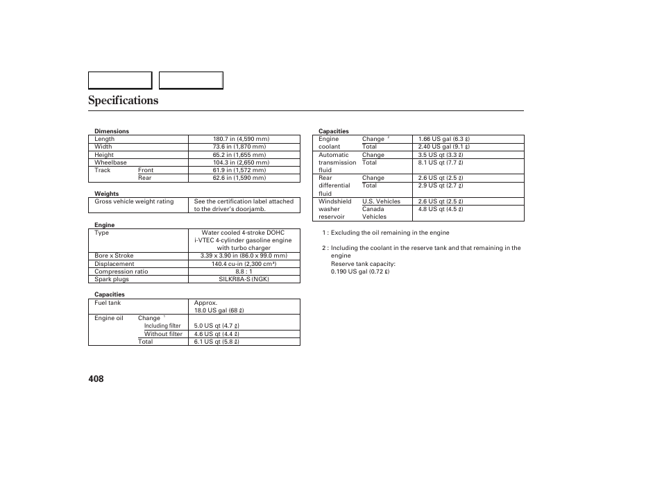 Specifications | Acura 2007 RDX - Owner's Manual User Manual | Page 412 / 442