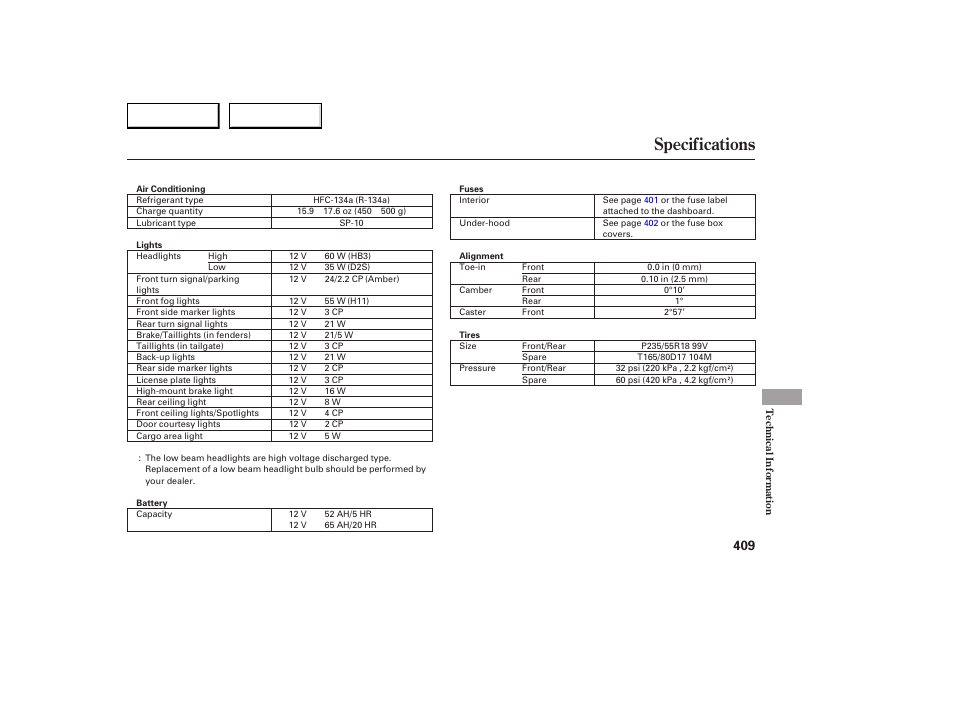 Specifications | Acura 2007 RDX - Owner's Manual User Manual | Page 413 / 442