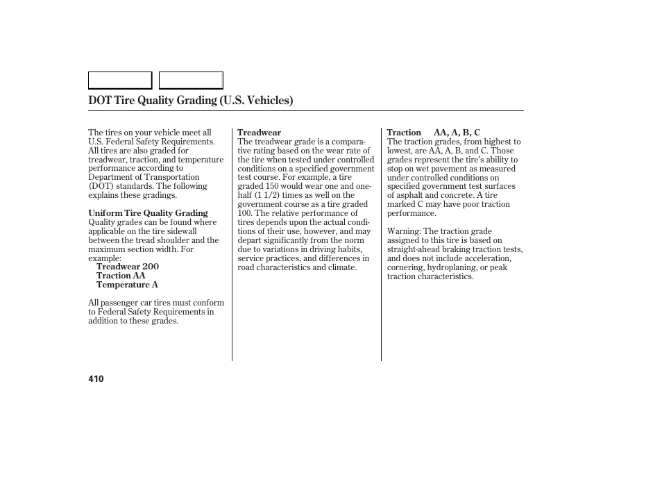 Dot tire quality grading (u.s. vehicles) | Acura 2007 RDX - Owner's Manual User Manual | Page 414 / 442