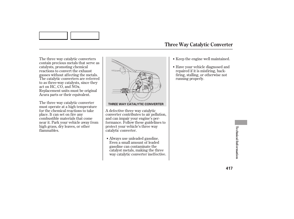 Three way catalytic converter | Acura 2007 RDX - Owner's Manual User Manual | Page 421 / 442