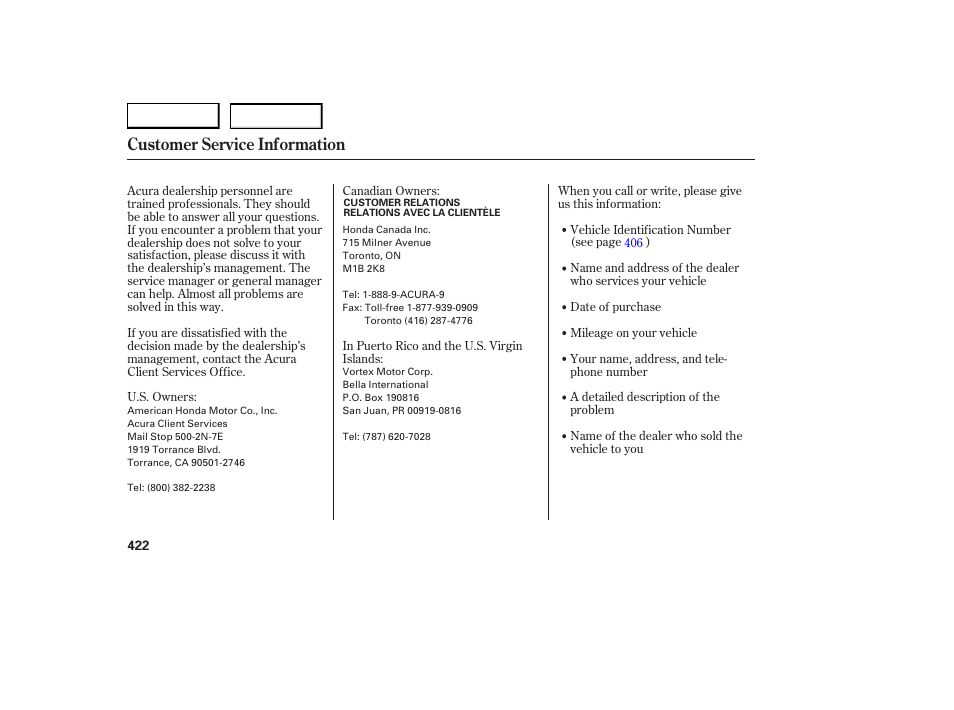 Customer service information | Acura 2007 RDX - Owner's Manual User Manual | Page 426 / 442
