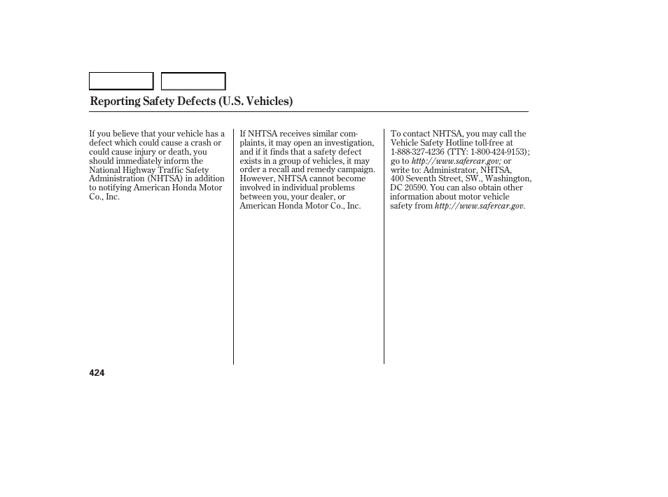 Reporting safety defects (u.s. vehicles) | Acura 2007 RDX - Owner's Manual User Manual | Page 428 / 442