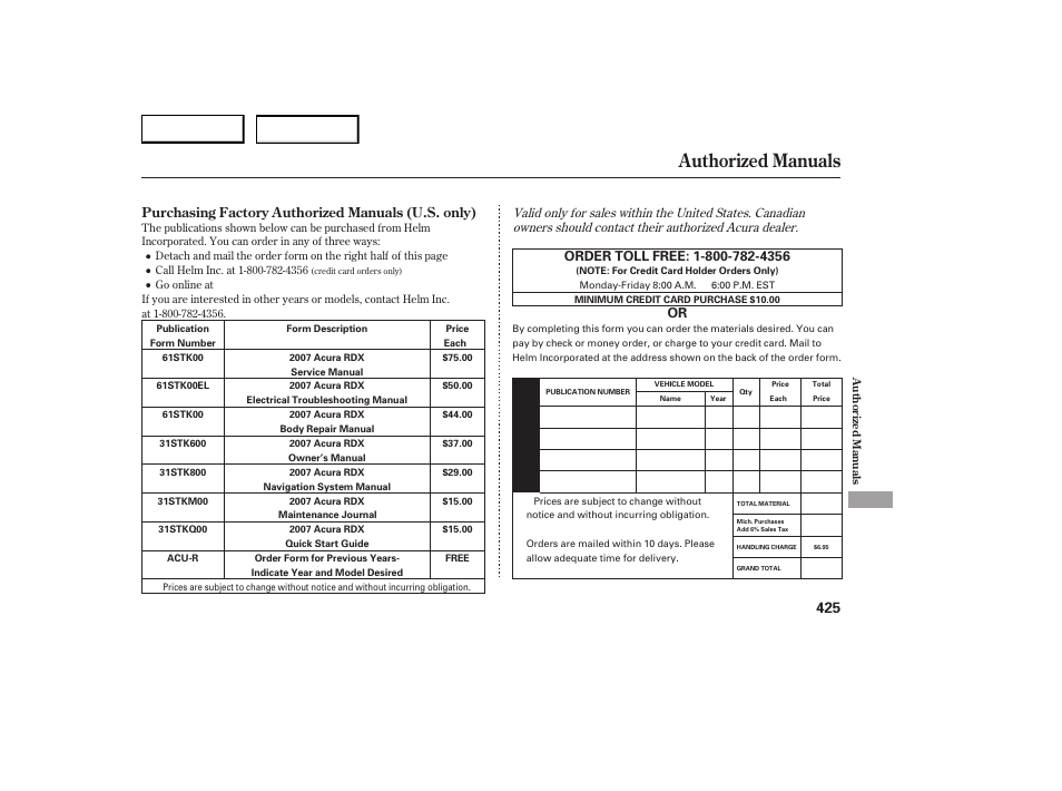 Authorized manuals, Purchasing factory authorized manuals (u.s. only) | Acura 2007 RDX - Owner's Manual User Manual | Page 429 / 442