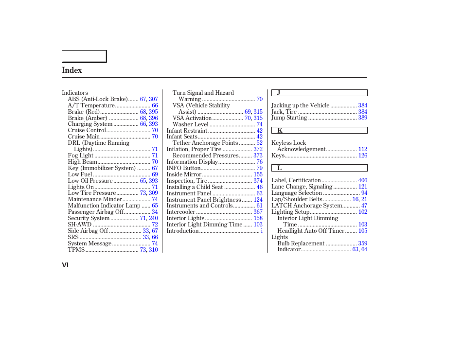 Index | Acura 2007 RDX - Owner's Manual User Manual | Page 436 / 442
