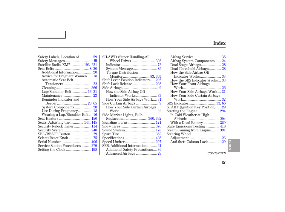 Index | Acura 2007 RDX - Owner's Manual User Manual | Page 439 / 442