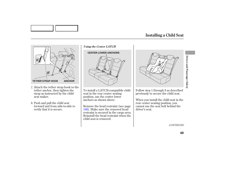 Installing a child seat | Acura 2007 RDX - Owner's Manual User Manual | Page 53 / 442