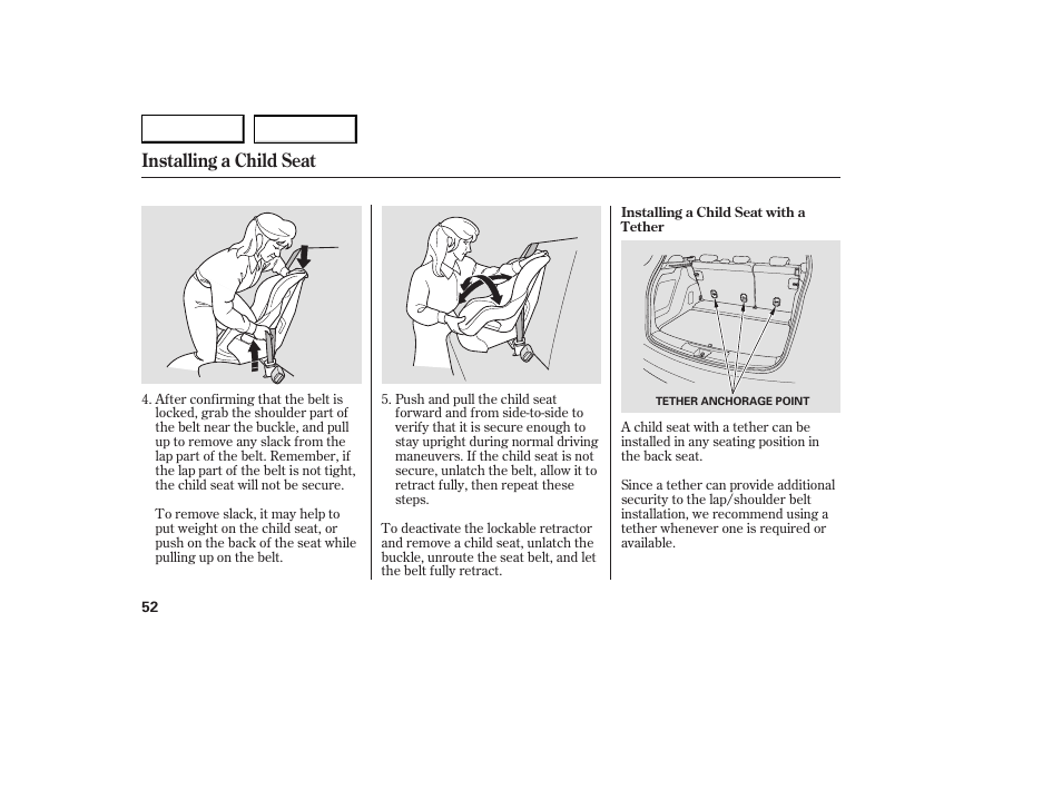 Installing a child seat | Acura 2007 RDX - Owner's Manual User Manual | Page 56 / 442