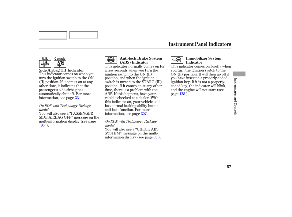 Instrument panel indicators | Acura 2007 RDX - Owner's Manual User Manual | Page 71 / 442
