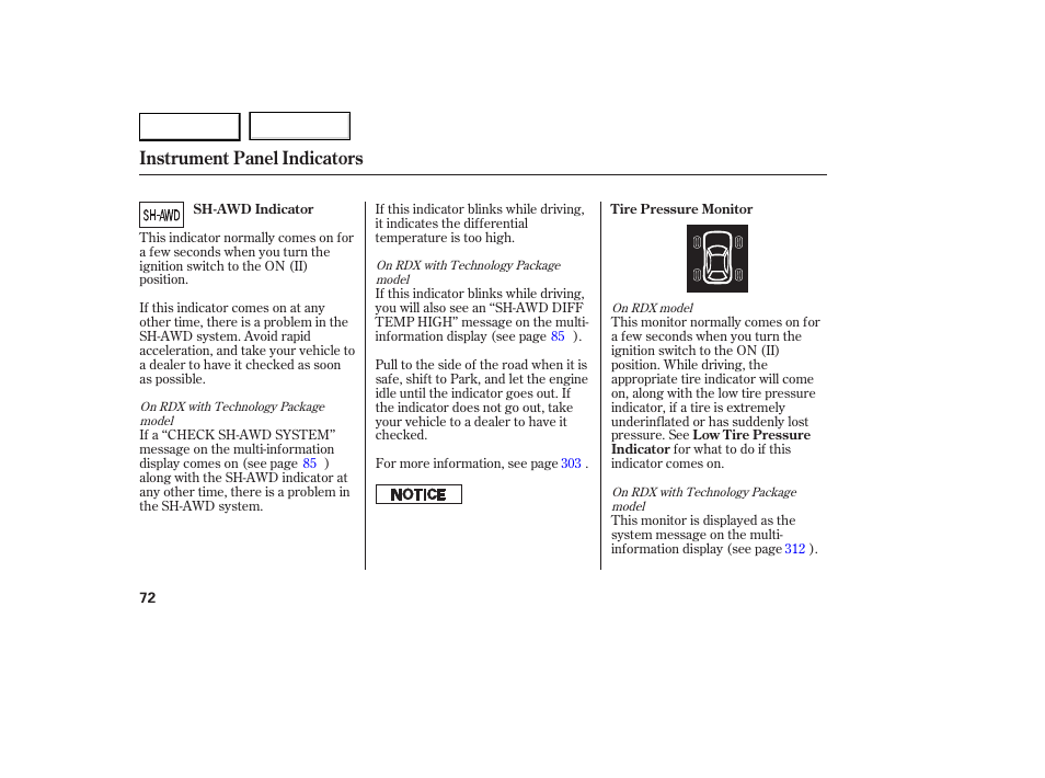 Instrument panel indicators | Acura 2007 RDX - Owner's Manual User Manual | Page 76 / 442