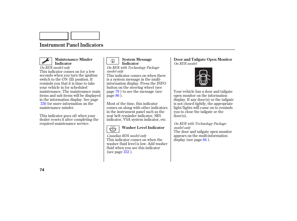 Instrument panel indicators | Acura 2007 RDX - Owner's Manual User Manual | Page 78 / 442