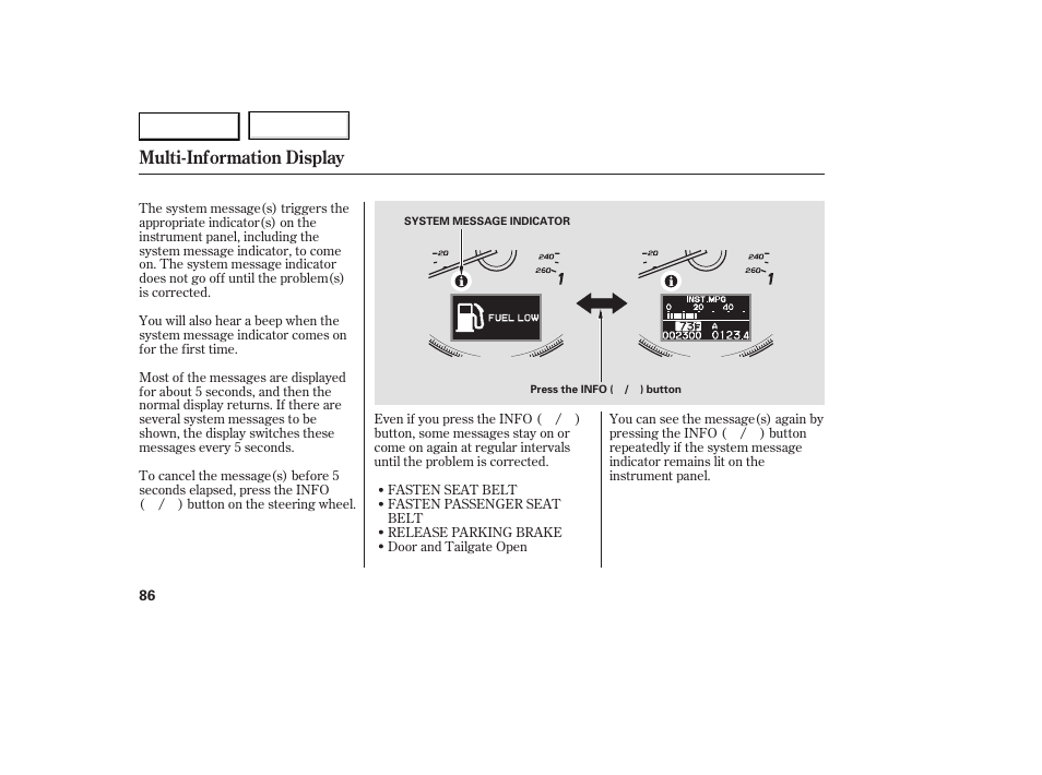 Multi-information display | Acura 2007 RDX - Owner's Manual User Manual | Page 90 / 442