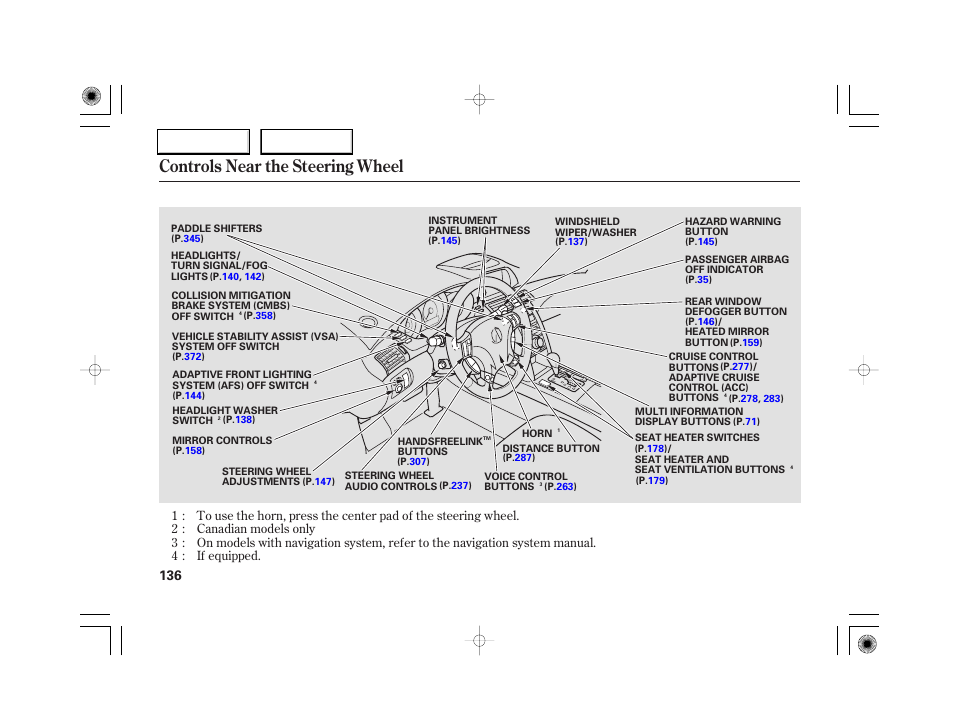 Controls near the steering wheel | Acura 2007 RL - Owner's Manual User Manual | Page 138 / 491