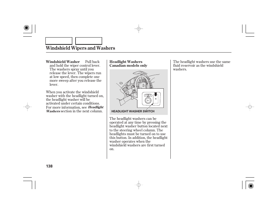 Windshield wipers and washers | Acura 2007 RL - Owner's Manual User Manual | Page 140 / 491