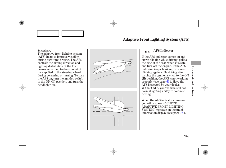 Adaptive front lighting system (afs) | Acura 2007 RL - Owner's Manual User Manual | Page 145 / 491