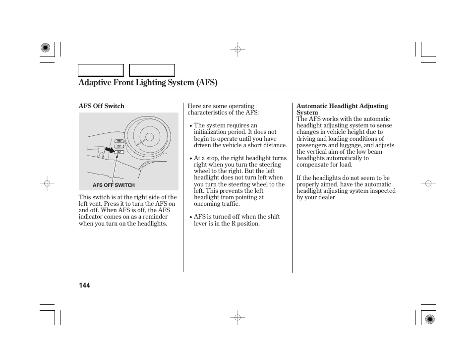 Adaptive front lighting system (afs) | Acura 2007 RL - Owner's Manual User Manual | Page 146 / 491