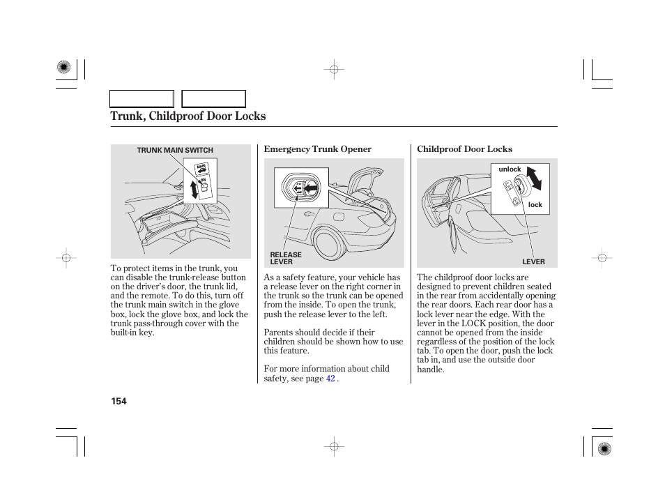 Trunk, childproof door locks | Acura 2007 RL - Owner's Manual User Manual | Page 156 / 491