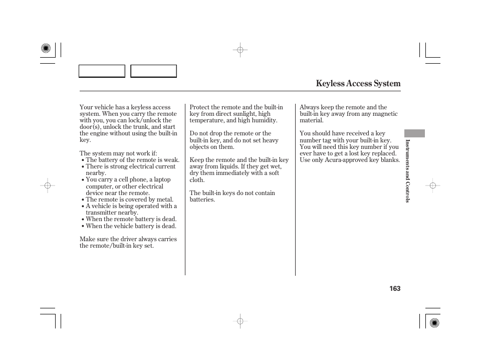 Keyless access system | Acura 2007 RL - Owner's Manual User Manual | Page 165 / 491