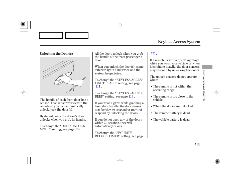 Keyless access system | Acura 2007 RL - Owner's Manual User Manual | Page 167 / 491