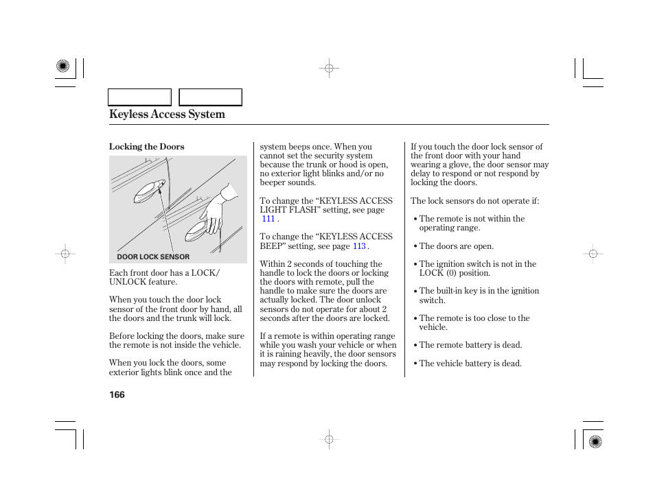 Keyless access system | Acura 2007 RL - Owner's Manual User Manual | Page 168 / 491