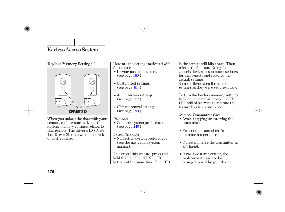 Keyless access system | Acura 2007 RL - Owner's Manual User Manual | Page 172 / 491
