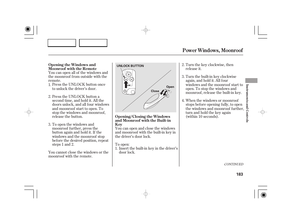 Power windows, moonroof | Acura 2007 RL - Owner's Manual User Manual | Page 185 / 491