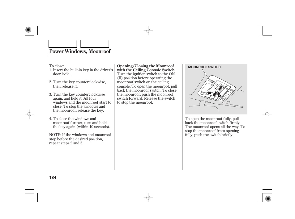 Power windows, moonroof | Acura 2007 RL - Owner's Manual User Manual | Page 186 / 491
