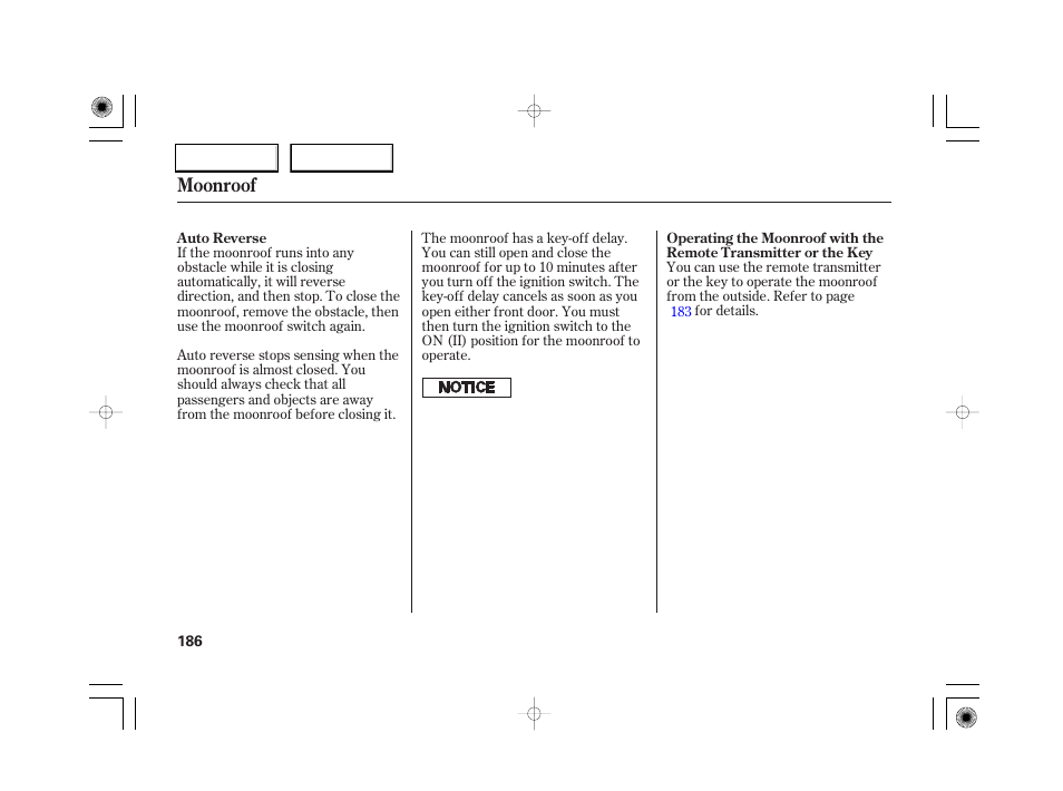 Moonroof | Acura 2007 RL - Owner's Manual User Manual | Page 188 / 491